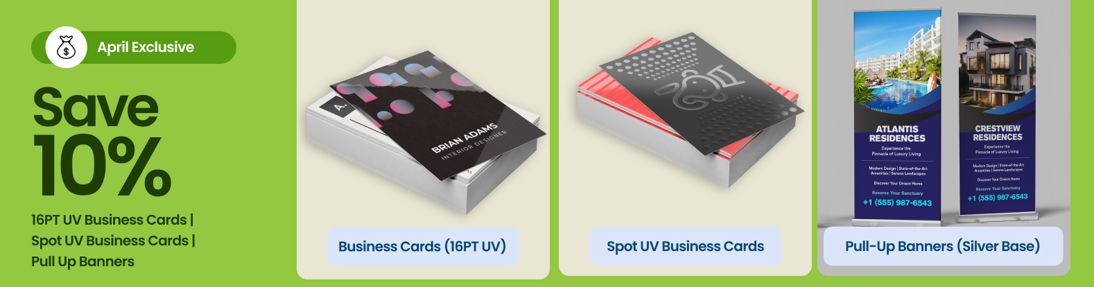 Save 10% on 16PT UV Business Cards | Spot UV Business Cards | Pull Up Banners
