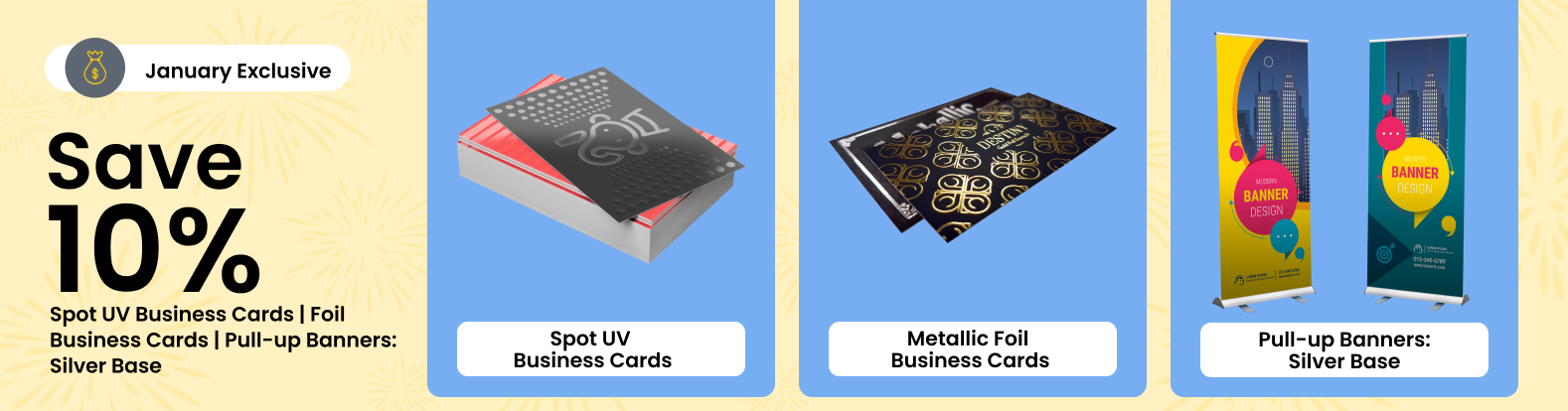 Save 10% on Foil Business Cards | Spot UV business cards | Pull up banners - Silver base 