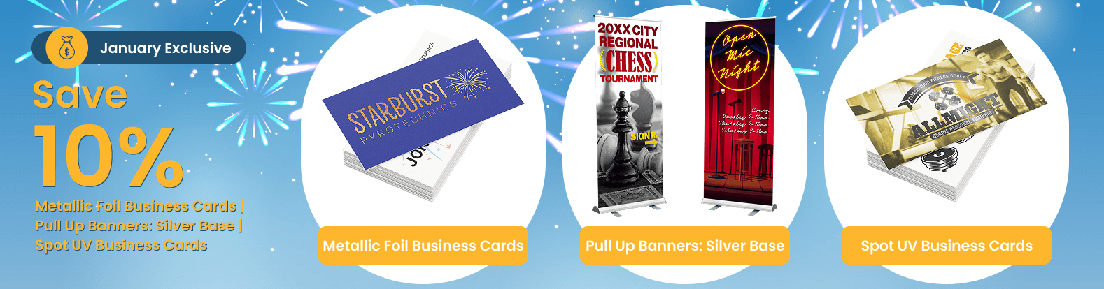 Save 10% on Metallic Foil Business Cards | Pull Up Banners: Silver Base | Spot UV Business Cards