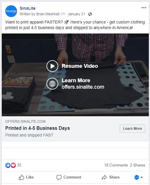 Facebook video ad for SinaLite custom apparel printing services
