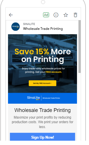 SinaLite Gmail ad on wholesale trade printing