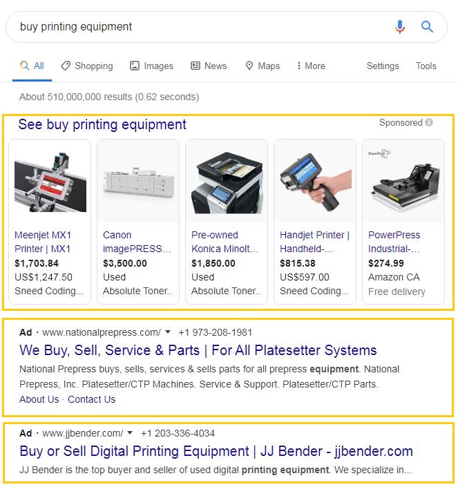 search ads for buy printing equipment